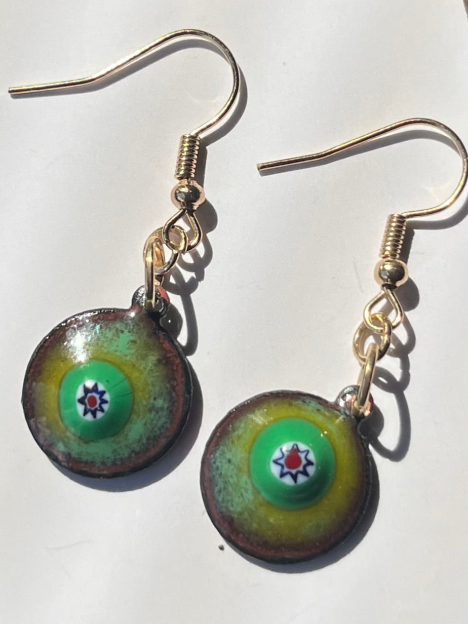 Green eye enamel earrings