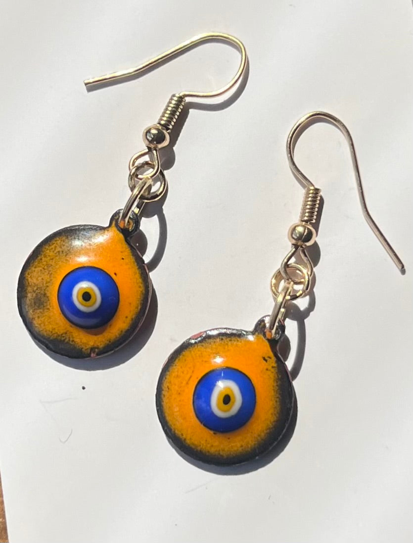 Orange eye enamel earrings